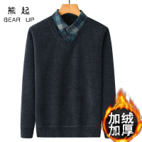 熊起2021爸爸毛衣加绒加厚假两件针织衫爷爷冬装上衣中老年保暖打底羊绒衫