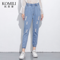 牛仔裤女破洞2018春装新款韩版学生修身百搭小脚裤子束脚松紧腰裤