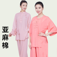 太极服女飘逸棉麻亚麻女装太极拳练功服夏季服装薄款短袖