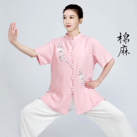 太极服装女新款洋气亚麻棉麻太极拳练功服短袖太极服女夏季