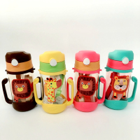 儿童夏季出游卡通动物背带绳双把手柄吸管水壶不漏水杯400ml颜色随机