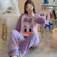 卡通法兰绒睡衣女秋冬季加厚保暖套装清新可爱冬天珊瑚绒家居服女 青戈