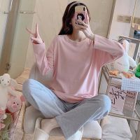 简约休闲风睡衣女春秋冬学生可爱日系韩版甜美可外穿大码两件套装 青戈