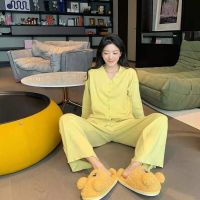 韩国网红睡衣女春秋季薄款长袖开衫甜美休闲家居服两件套装可出门 青戈