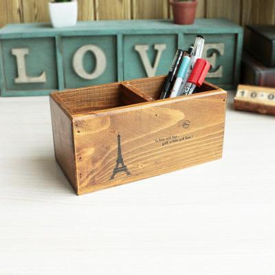 做旧笔筒复古实木收纳盒摆件创意木质桌面整理办公室时尚笔筒