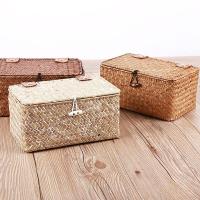 草编收纳篮桌面带盖整理收纳盒做旧艺术饰品盒桌面储物盒
