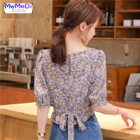 2020夏季新款百搭法式复古气质碎花雪纺衫女洋气后背镂空绑带上