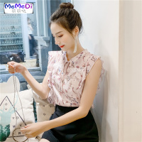 2020夏新款韩版宽松荷叶边小清新碎花上无袖雪纺衫蝴蝶结衬衫女