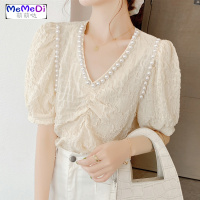 2020年夏装新款韩版短袖重工压雪纺衬衫V领钉珠百搭洋气上服