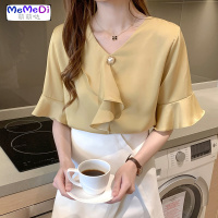 雪纺女式上服2020夏装新款韩版百搭荷叶边小衫V领喇叭短袖衬衫