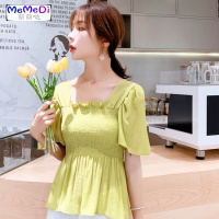 2020新款韩版时尚方领露背遮肚雪纺衫女夏装收腰洋气短袖上服