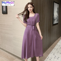 方领女人味短袖连裙女夏荷叶边文艺小清新 色初恋大摆中长裙仙