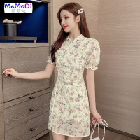 2020夏季新款复古风改良旗袍开叉碎花短袖连裙收腰仙女短裙子