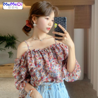 夏季一字肩碎花雪纺衫短袖女装夏装2020年新款超仙露肩上甜美潮