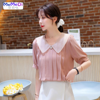 短袖雪纺衬衫女装2020夏装新款韩版设计感小众娃娃领遮肚洋气上