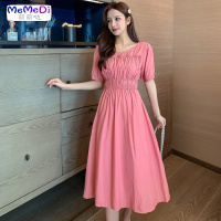 2020夏新款韩版法式皱褶连裙女短袖百搭慵懒风长裙套头圆领显瘦