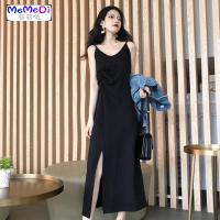 2020春季新款韩版黑色裙子褶皱修身中长款吊带裙网红打底连裙女