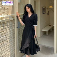2020夏季新款法式复古小黑裙收腰显瘦V领短袖中长款气质连裙女
