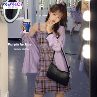 2020流行紫色夏天裙子法式复古绑带蝴蝶结吊带裙网红格子连裙女