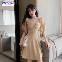 2020夏季新款法式复古裙收腰显瘦两穿方领灯笼袖锁骨心机连裙女