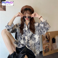 2020夏季新款chic复古港风水墨画碎花衬衫宽松中长款长袖衬女潮