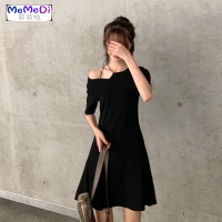 2020夏季新款港味chic心机裙子设计感露肩收腰显瘦短袖黑色连裙