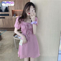 夏季2020新款法式小众气质网红ins超仙桔梗褶皱方领系带连裙女