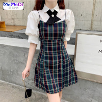 2020夏季新款法式复古格吊带裙收腰显瘦个初恋桔梗连裙女