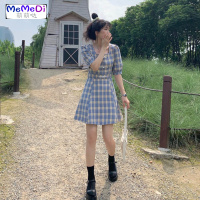 2020夏装新款复古盘扣泡泡袖连裙法式方领收腰显瘦格桔梗裙女