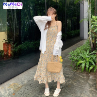 2020夏装新款木耳边收腰碎花吊带裙气质中长款法桔梗连裙女