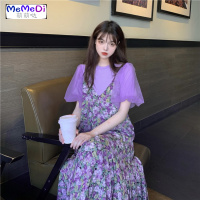 2020新款清新度假风吊带裙宽松V领中长款荷叶边油画连裙女夏