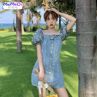 2020夏季新款法式复古桔梗裙设计感碎花泡泡袖拼接牛仔连裙女