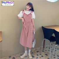 2020夏装新款法式复古格收腰显瘦蝴蝶结系带吊带裙个连裙