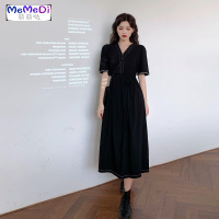 2020夏装新款复古chic港味V领收腰显瘦连裙气质赫本风小黑裙女