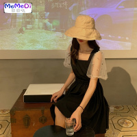 2020新款法式亮片网纱拼接泡泡袖设计感连裙女网红收腰初恋裙夏