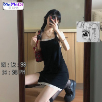 2020夏装新款设计感蕾丝拼接心机开叉吊带裙网红气质黑色连裙女