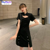 2020夏装新款黑暗系镂空收腰显瘦开叉连裙赫本风个桔梗裙女