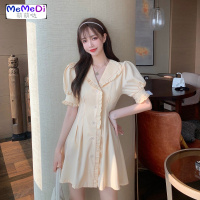 2020夏季新款法式泡泡袖连裙收腰显瘦木耳边翻领小个子桔梗裙