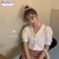 法式设计感小众心机泡泡袖上女宽松短款娃娃领蕾丝木耳边衬衫夏