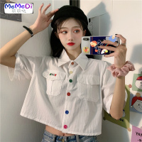 2020夏季新款泫雅风上彩色扣子宽松短款衬衫学生短袖工装衬女