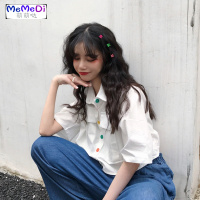 2020新款泫雅风短款彩色扣子工装衬衫宽松Polo领显瘦短袖衬女夏