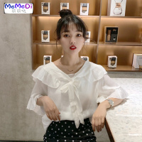 2020夏季新款法式很仙的上宽松系带蝴蝶结荷叶边领短袖衬衫女