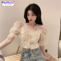 2020夏季新款超仙的上设计感短款网纱刺绣一字肩心机短袖衬衫女