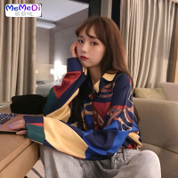 2020流行上春季新款设计感众抽象印复古港味宽松衬衫女学生