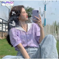 2020夏季新款法式众气质娃娃领衬珍珠扣镂空短袖紫色衬衫女