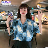2020夏季新款设计感小众衬衫宽松可爱猫咪印花韩版百搭短袖衬女