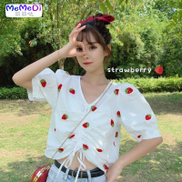2020夏装新款甜美学风水果刺绣上百搭V领泡泡袖抽绳衬衫女