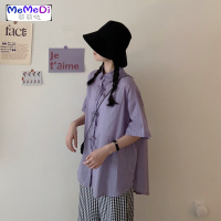 2020夏季新款法式复古POLO领蝴蝶结衬宽松中长款薄款短袖衬衫女