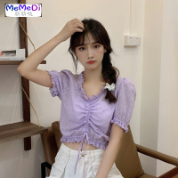 2020新款设计感抽绳心机短款木耳边上网红钩花镂空短袖衬衫女夏