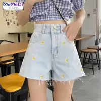 2020夏季新款小雏菊刺绣牛仔短裤高腰浅色热裤宽松毛边阔腿裤女